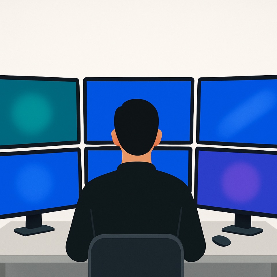 A developer seen from behind codes at a workstation ringed by many glowing monitors in royal blue, teal, and purple — evoking hands-on CI and continuous testing.