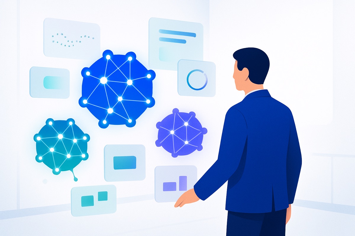 A researcher stands in a bright modern lab inspecting and validating three glowing AI-agent node-graphs and abstract dashboard panels in brand blue, teal, and purple.