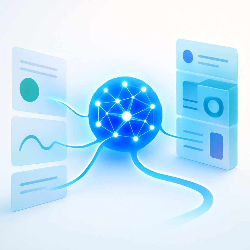A luminous central AI agent node-graph retrieves from surrounding document cards and knowledge-base panels and synthesizes a single flowing answer stream — a retrieval-augmented-generation scene.